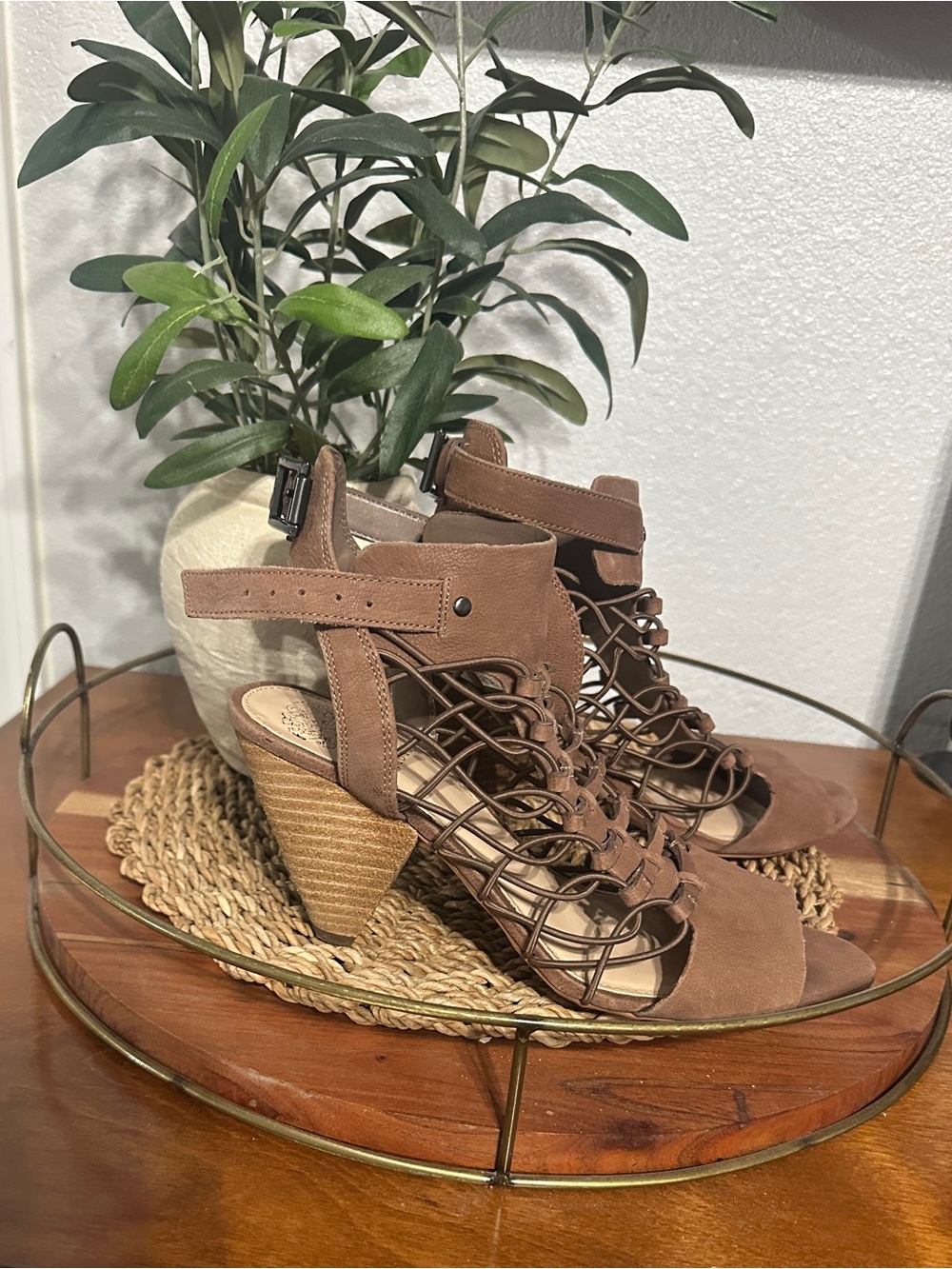 Vince Camuto Brown Suede Lace-Up Cone Heel Sandals with Ankle Strap